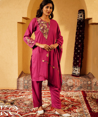 Mulberry Purple Aari Embroidered Woolen Suit With Shawl