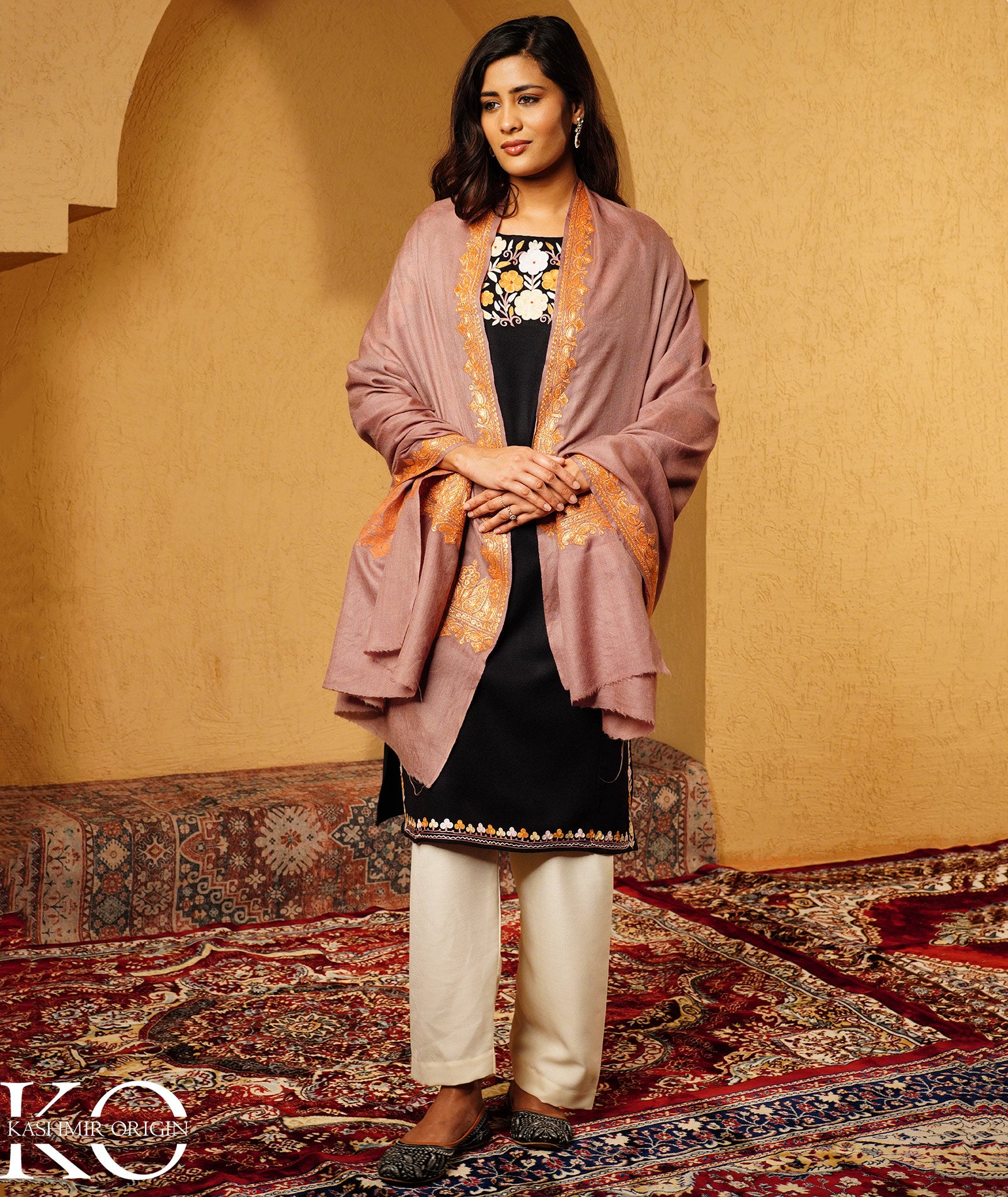 Tan Tilla Embroidered Woolen Shawl