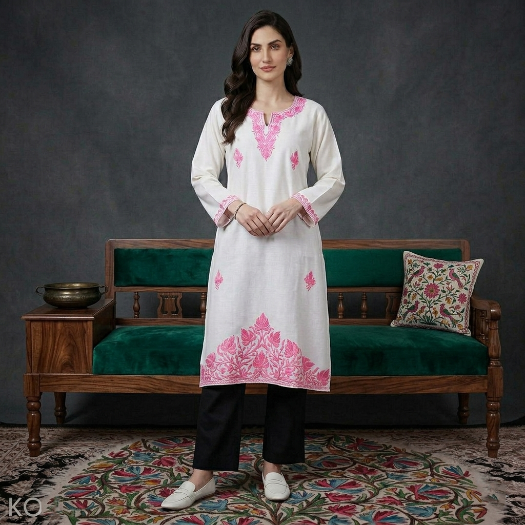Pink Bottom Design Aari Embroidered White Cotton Kurti – Kashmir origin