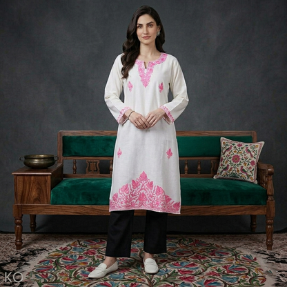 Pink Bottom Design Aari Embroidered White Cotton Kurti