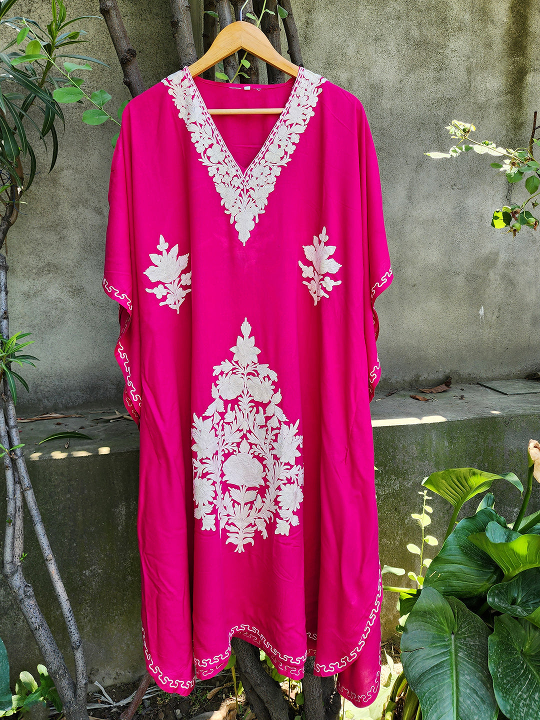 Magenta & White Floral Rayon Cotton Aari Embroidered Kaftan