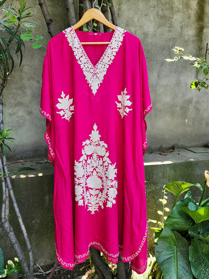 Magenta & White Floral Rayon Cotton Aari Embroidered Kaftan
