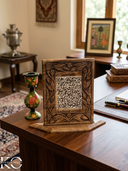 Personalized Walnut Wood Payment QR Code Stand | Hand Carved UPI Code Stand