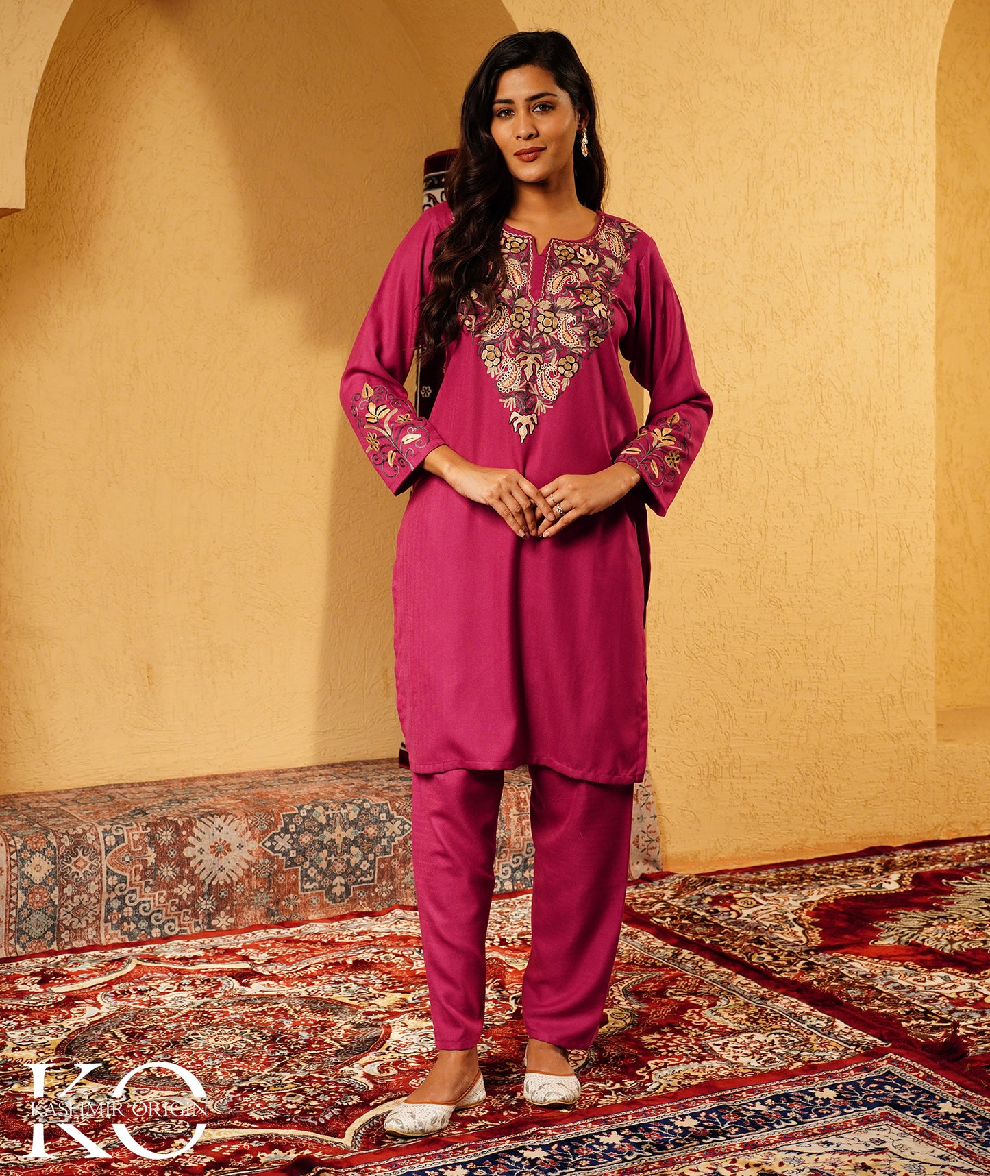 Mulberry Purple Aari Embroidered Woolen Suit With Shawl