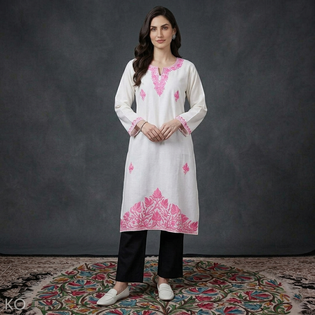 Pink Bottom Design Aari Embroidered White Cotton Kurti