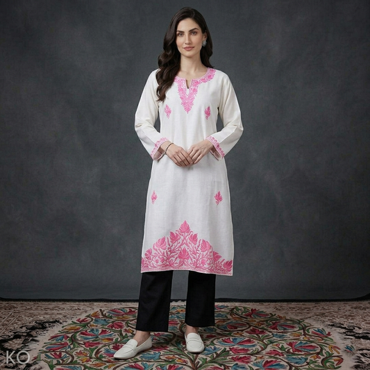 Pink Bottom Design Aari Embroidered White Cotton Kurti