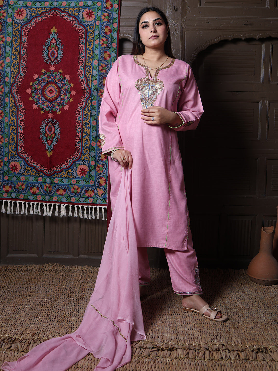 Light Pink Tilla Embroidered Kashmiri 3-Piece Suit | With Chiffon Dupatta
