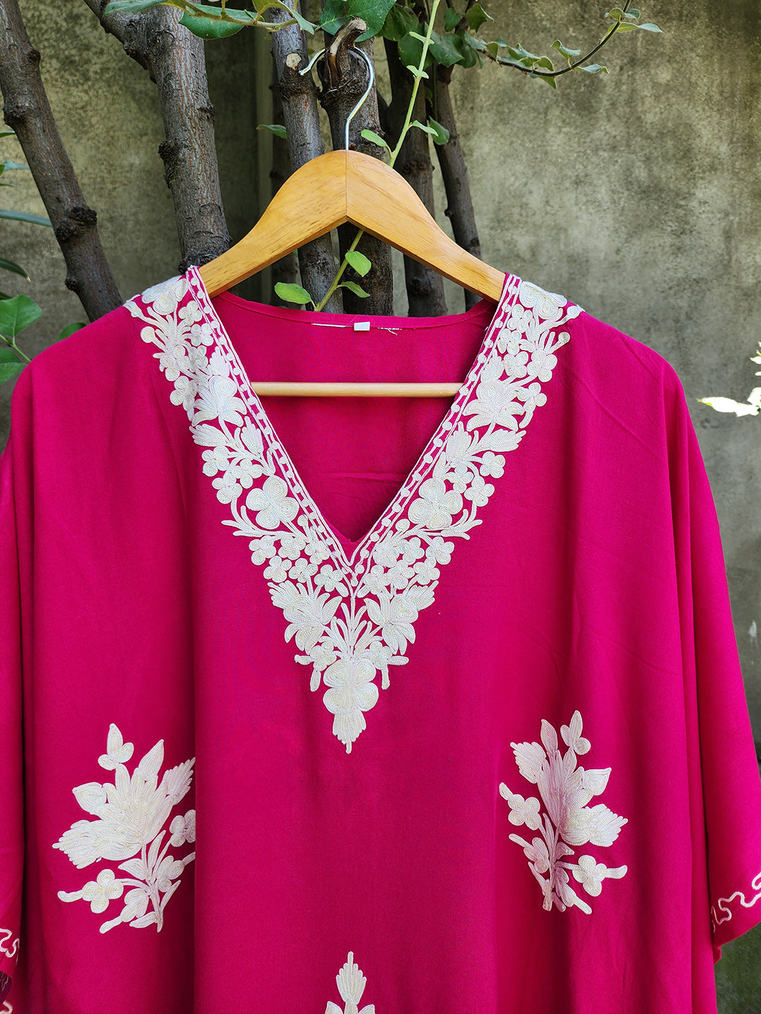 Magenta & White Floral Rayon Cotton Aari Embroidered Kaftan