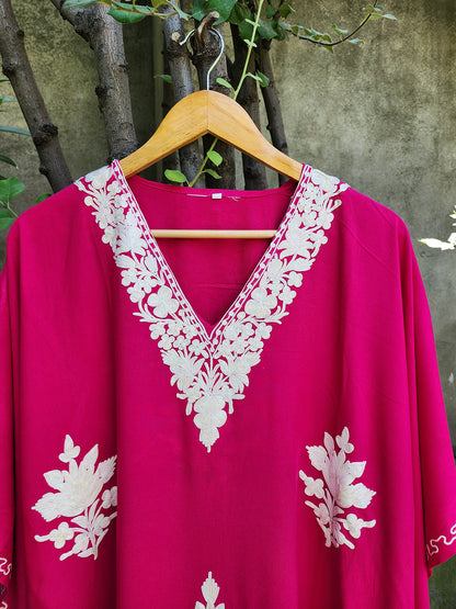Magenta & White Floral Rayon Cotton Aari Embroidered Kaftan
