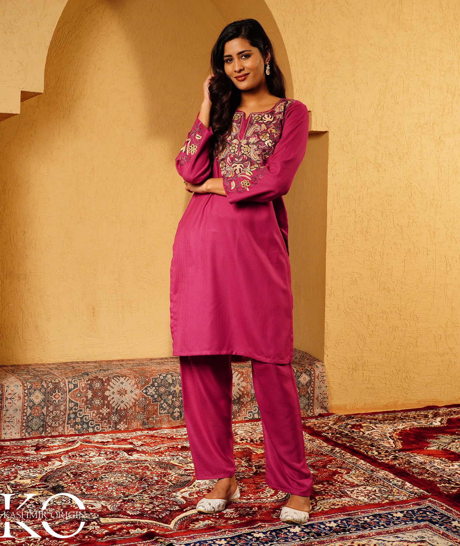 Mulberry Purple Aari Embroidered Woolen Suit With Shawl