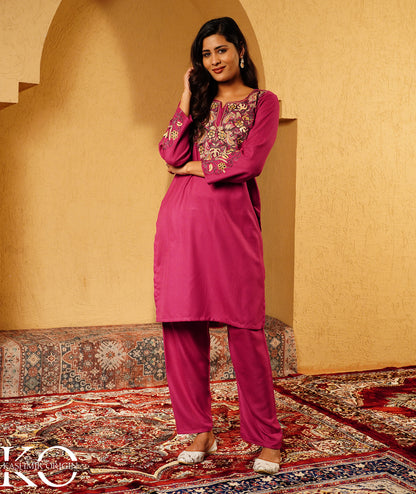 Mulberry Purple Aari Embroidered Woolen Suit With Shawl
