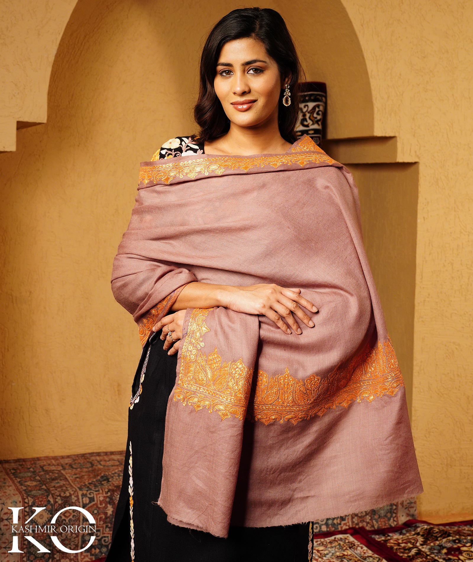 Tan Tilla Embroidered Woolen Shawl