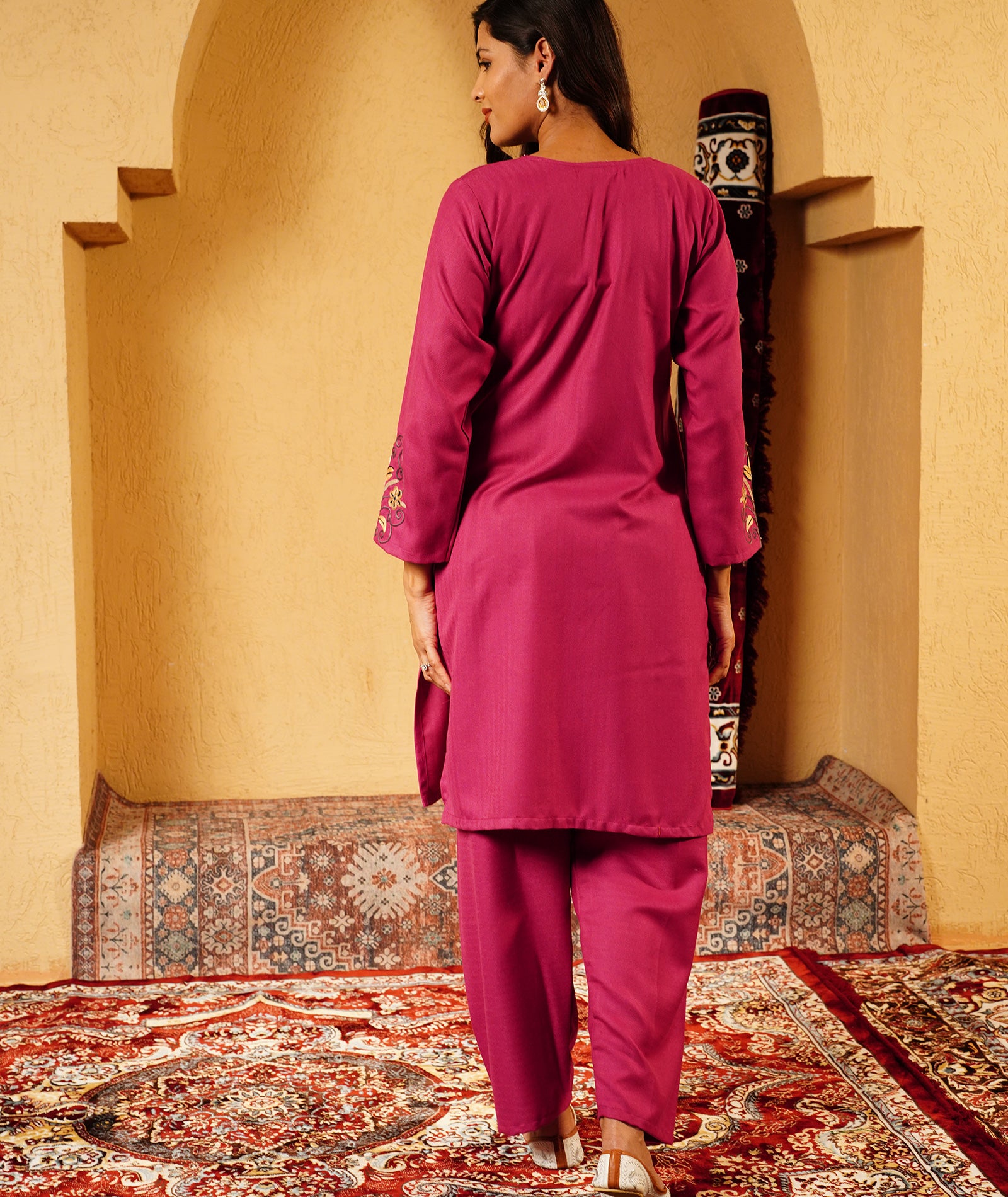 Mulberry Purple Aari Embroidered Woolen Suit With Shawl