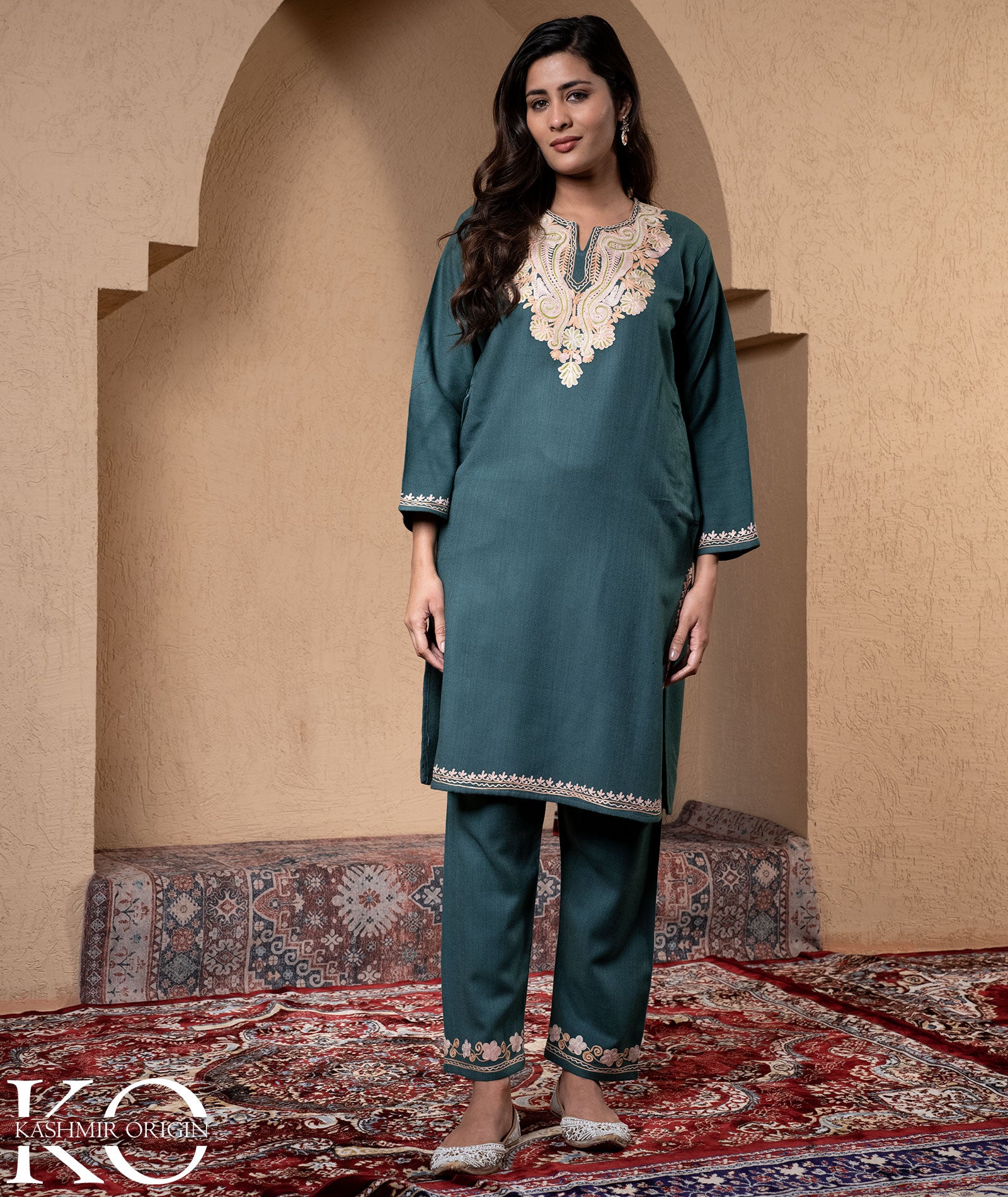 Grey Aari Embroidered Woolen Co-ord Set
