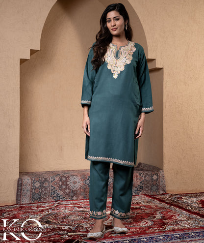 Grey Aari Embroidered Woolen Co-ord Set