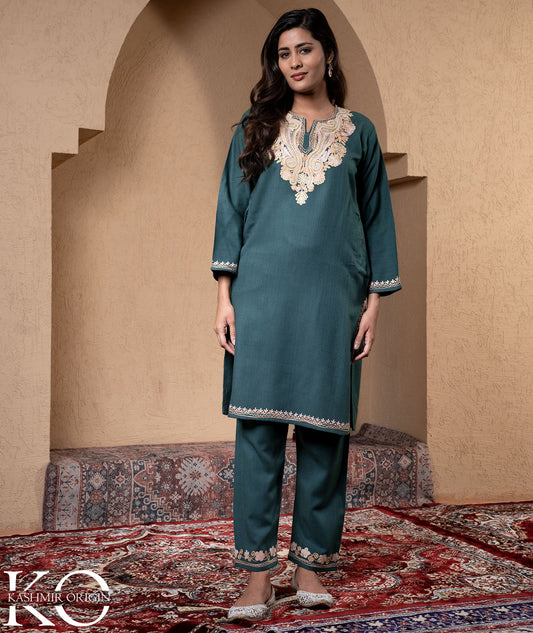 Grey Aari Embroidered Woolen Co-ord Set
