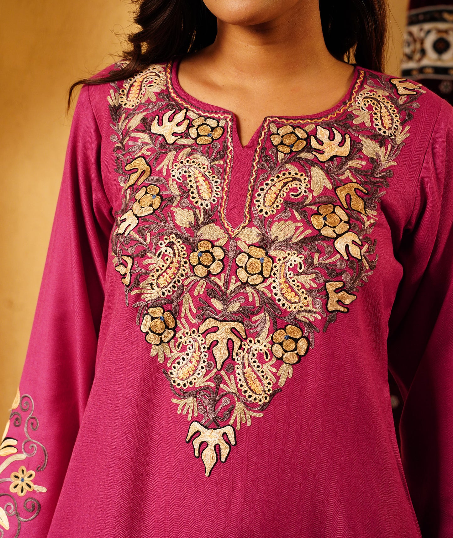 Mulberry Purple Aari Embroidered Woolen Suit With Shawl