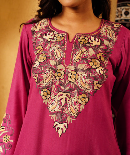 Mulberry Purple Aari Embroidered Woolen Suit With Shawl