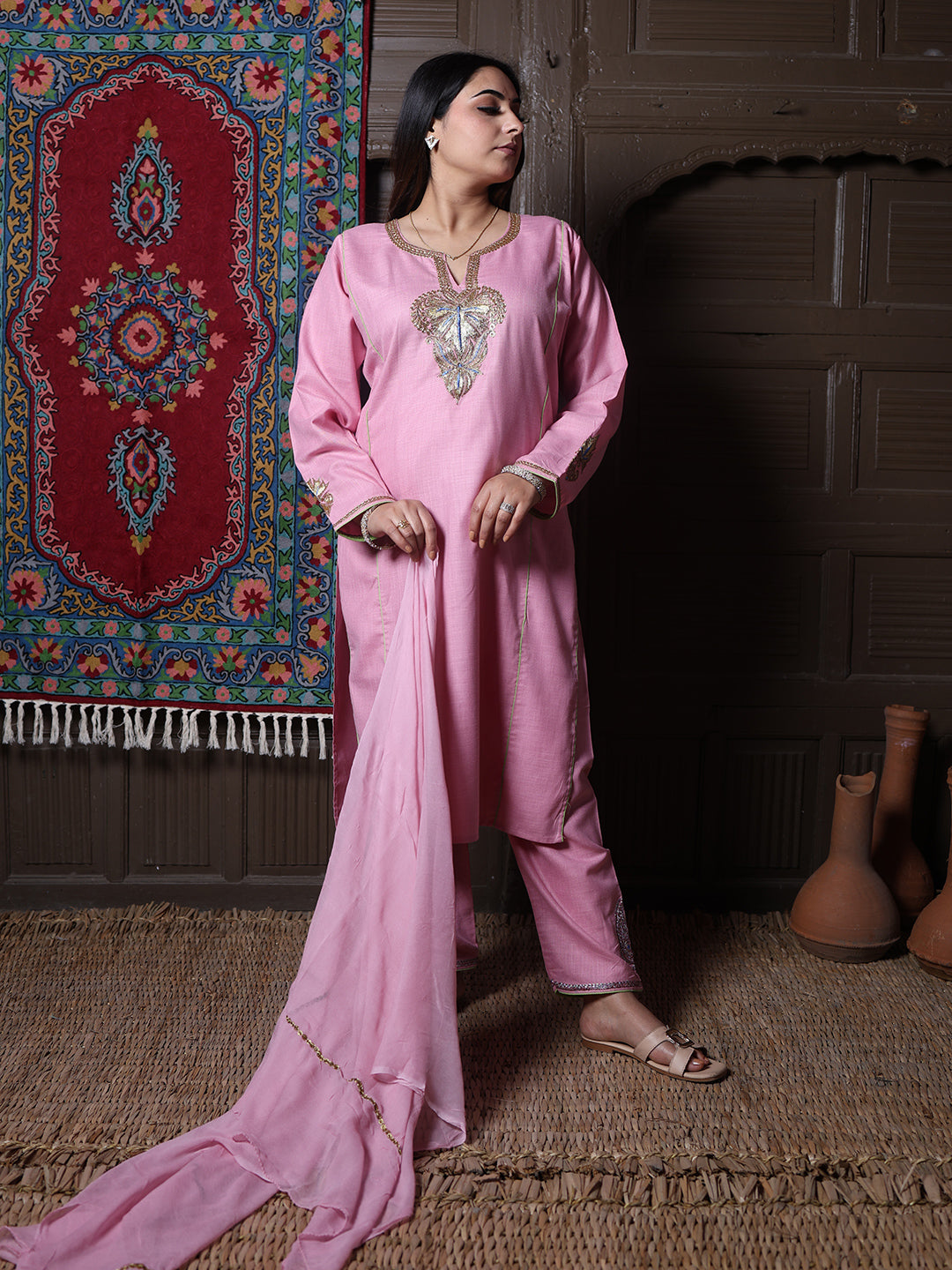 Light Pink Tilla Embroidered Kashmiri 3-Piece Suit | With Chiffon Dupatta