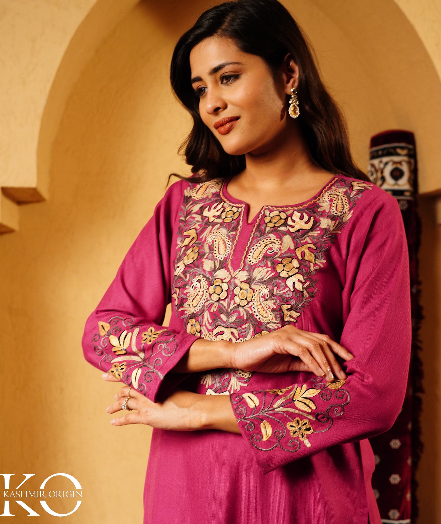 Mulberry Purple Aari Embroidered Woolen Suit With Shawl