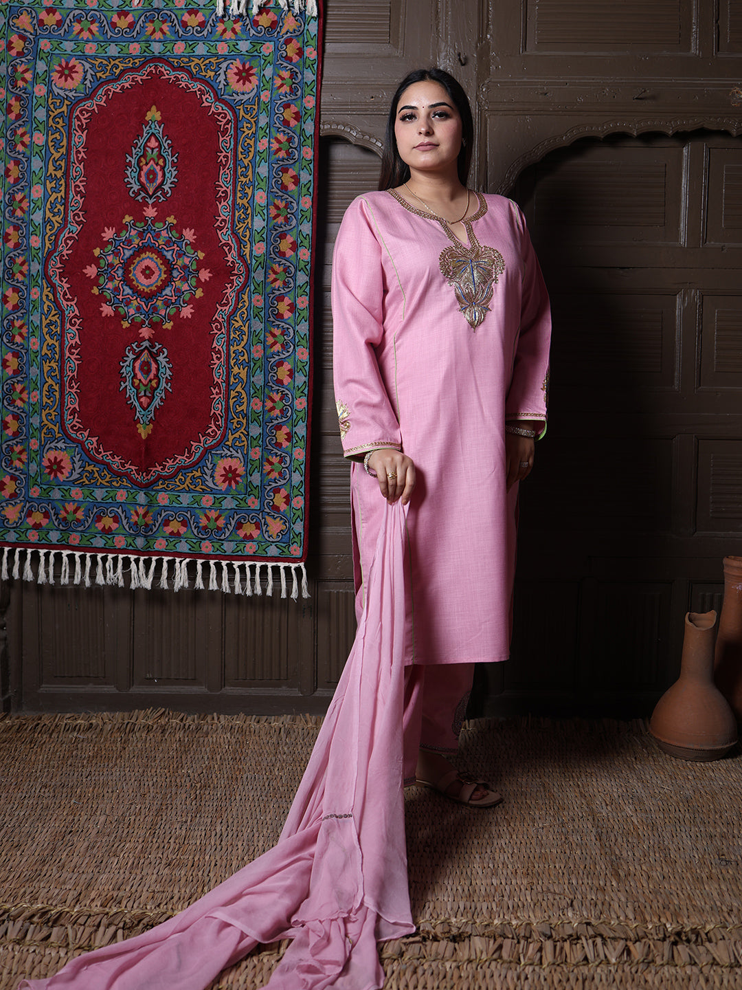 Light Pink Tilla Embroidered Kashmiri 3-Piece Suit | With Chiffon Dupatta