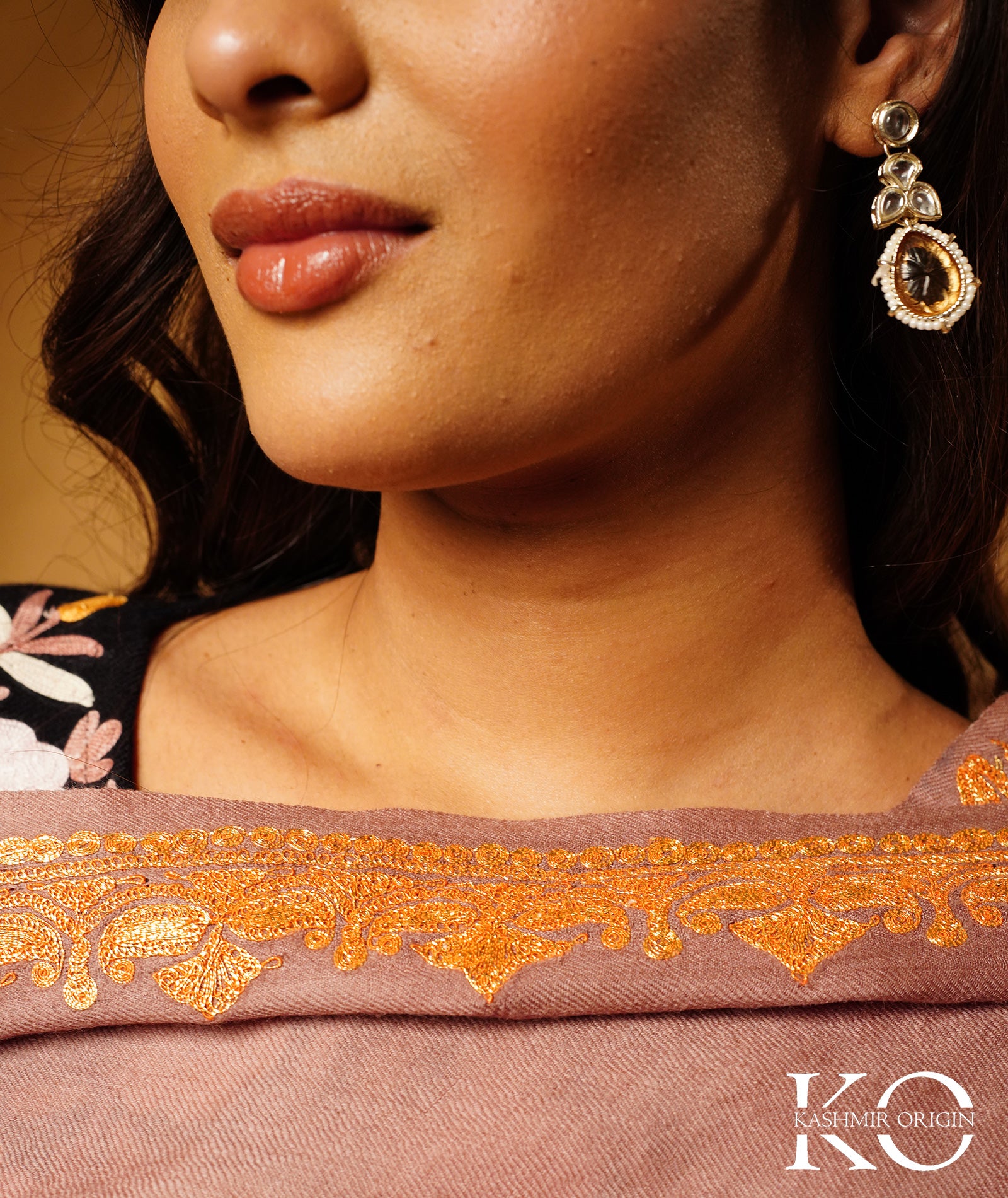 Tan Tilla Embroidered Woolen Shawl