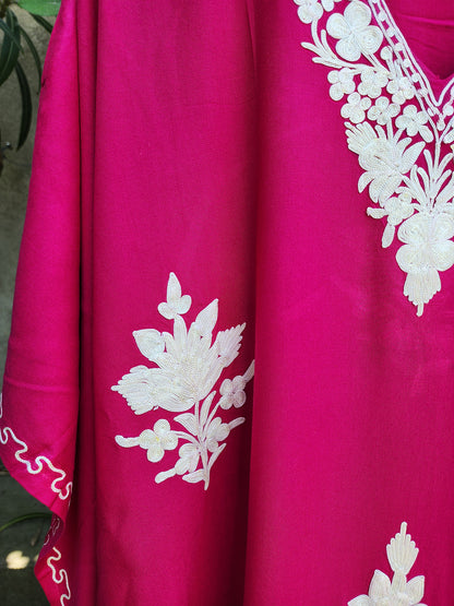 Magenta & White Floral Rayon Cotton Aari Embroidered Kaftan