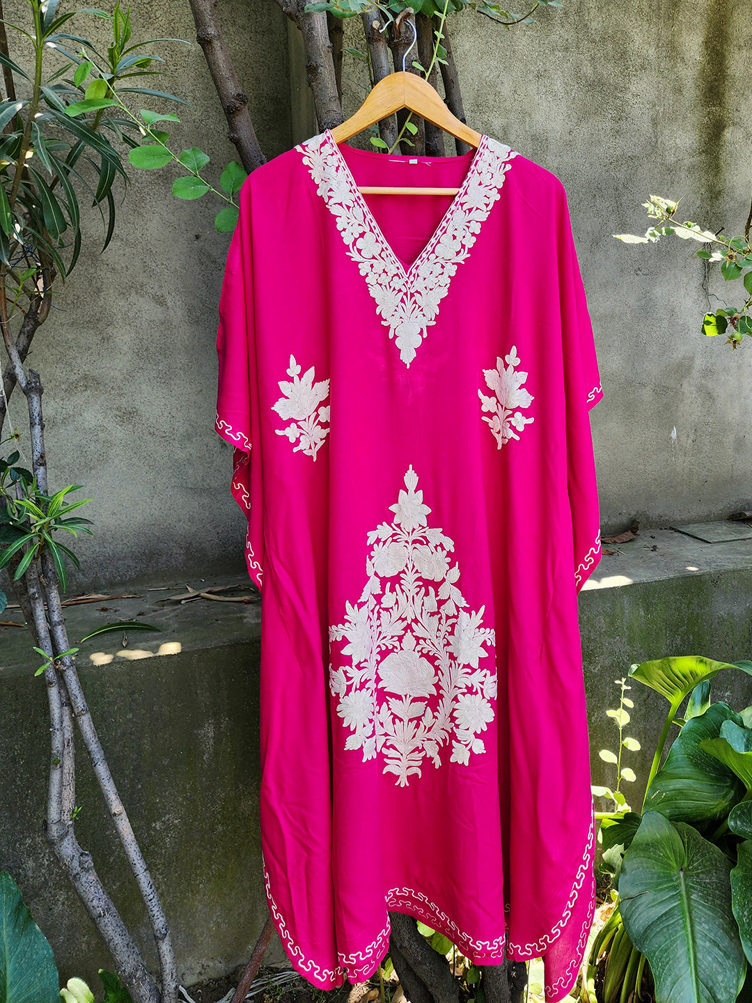 Magenta & White Floral Rayon Cotton Aari Embroidered Kaftan