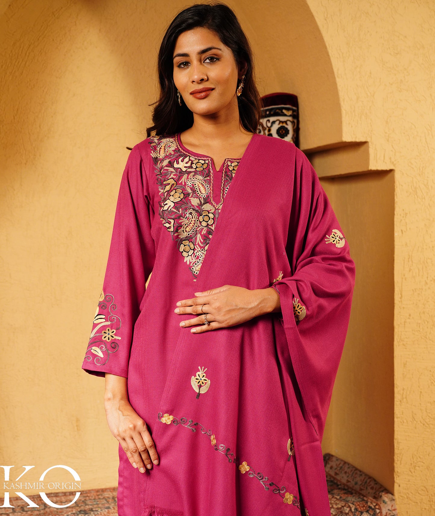 Mulberry Purple Aari Embroidered Woolen Suit With Shawl