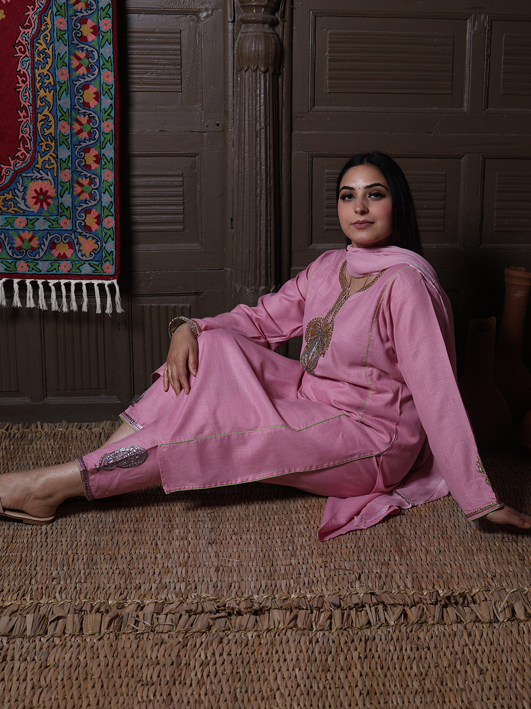Light Pink Tilla Embroidered Kashmiri 3-Piece Suit | With Chiffon Dupatta