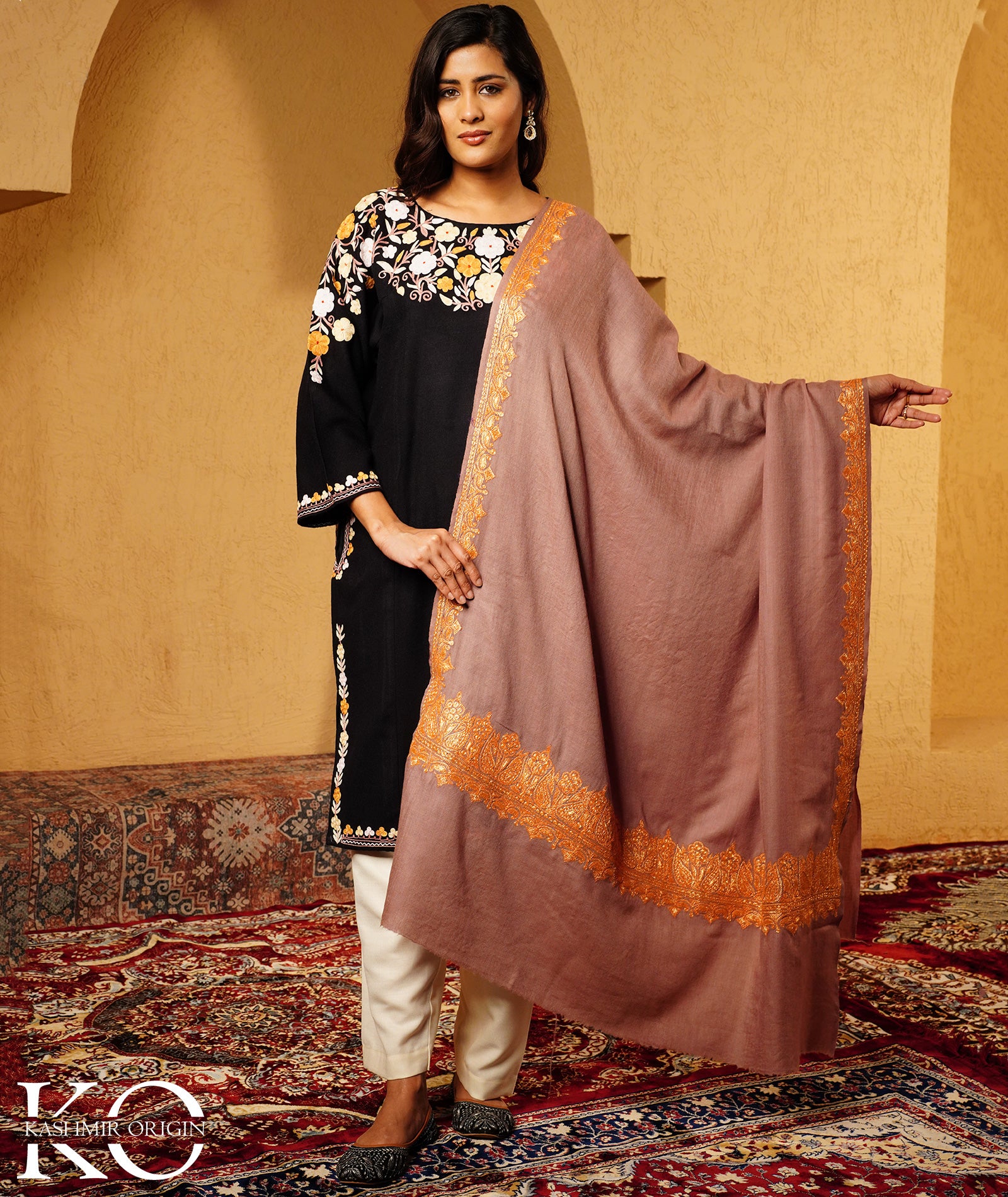 Tan Tilla Embroidered Woolen Shawl