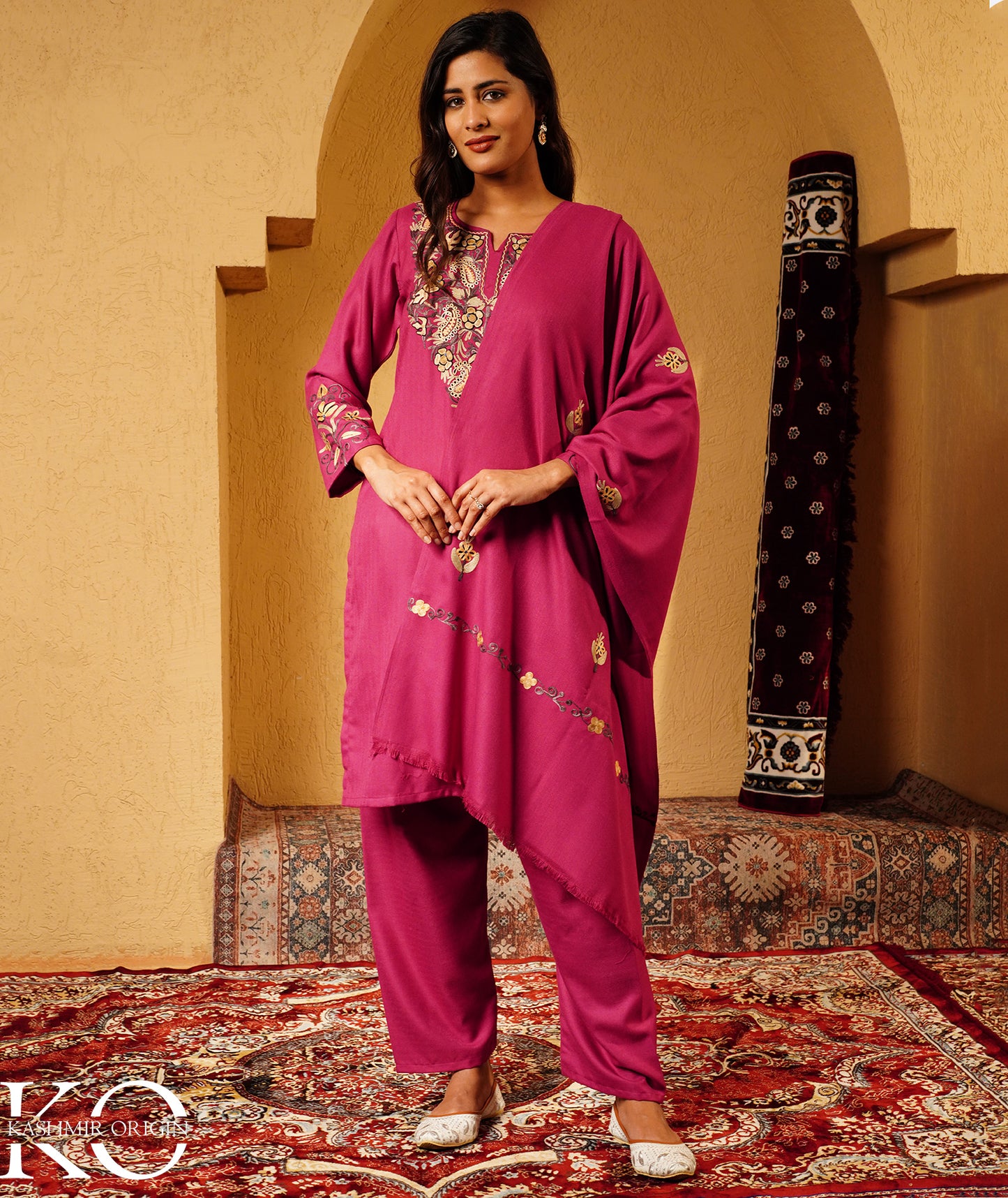 Mulberry Purple Aari Embroidered Woolen Suit With Shawl