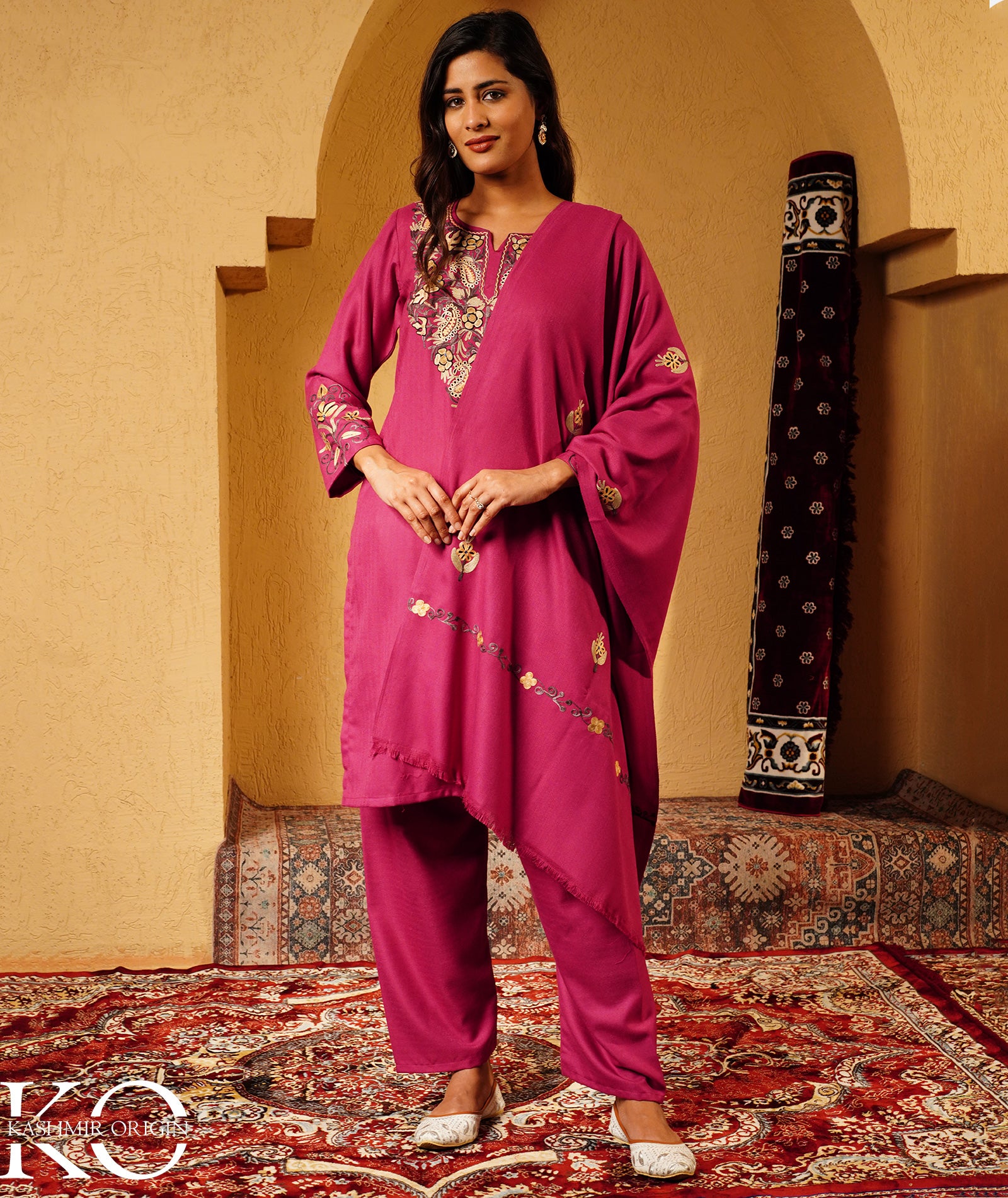 Mulberry Purple Aari Embroidered Woolen Suit With Shawl