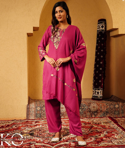 Mulberry Purple Aari Embroidered Woolen Suit With Shawl
