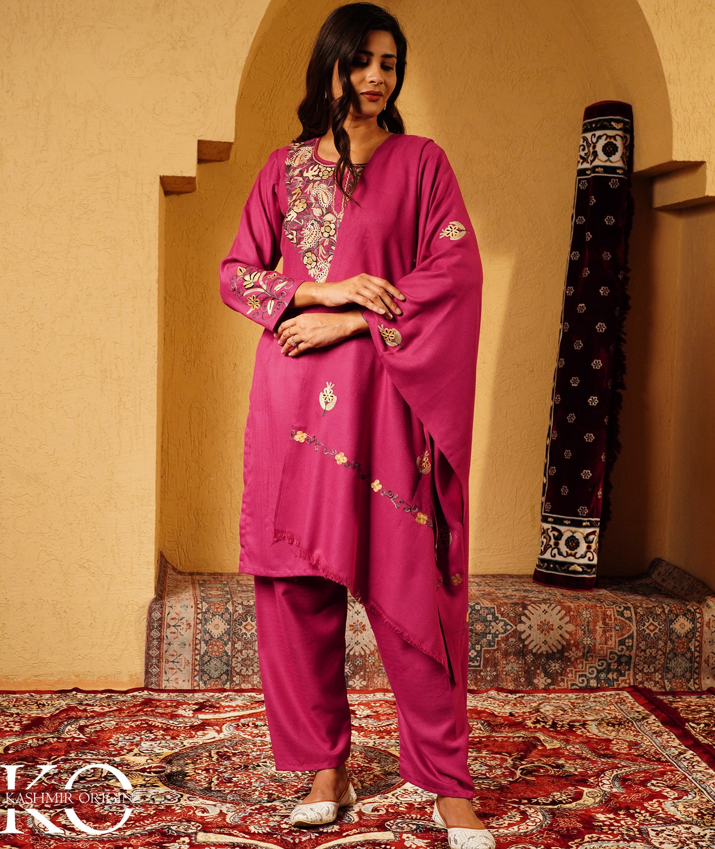 Mulberry Purple Aari Embroidered Woolen Suit With Shawl