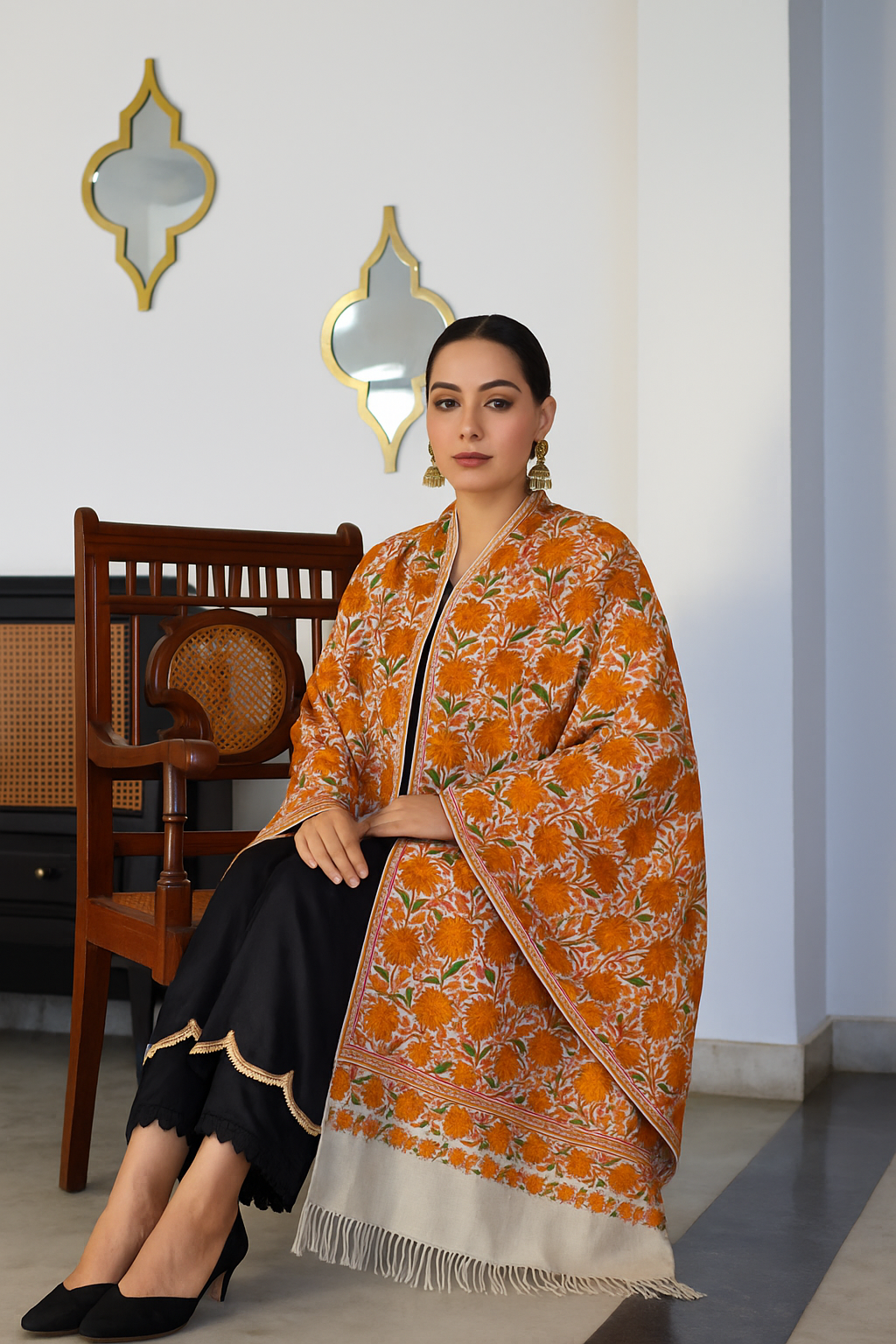 White Base Floral Design Embroidered Pure Kashmir Woolen Stole | Jamawar Stole