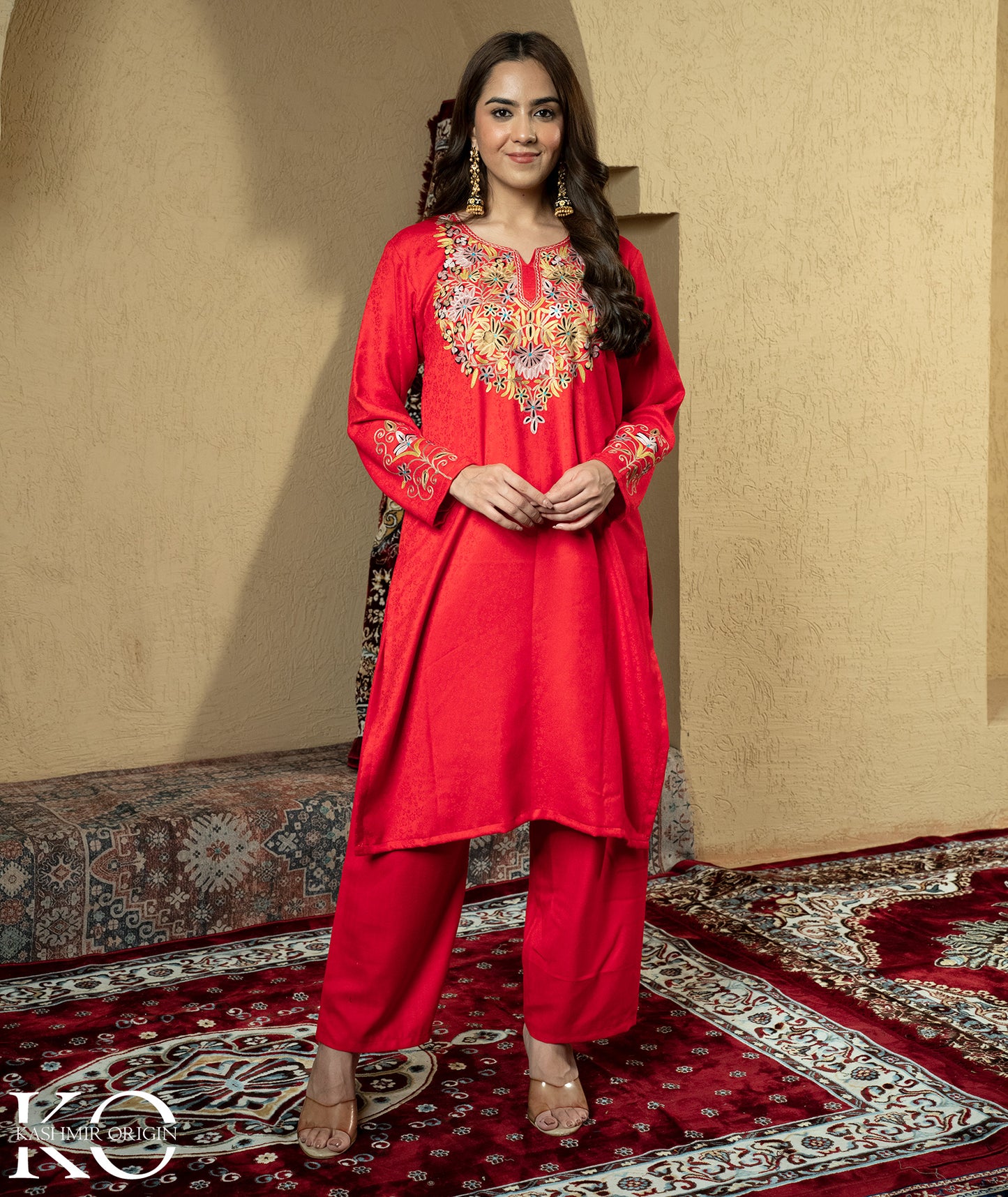Red Aari Embroidered Woolen Suit With Shawl