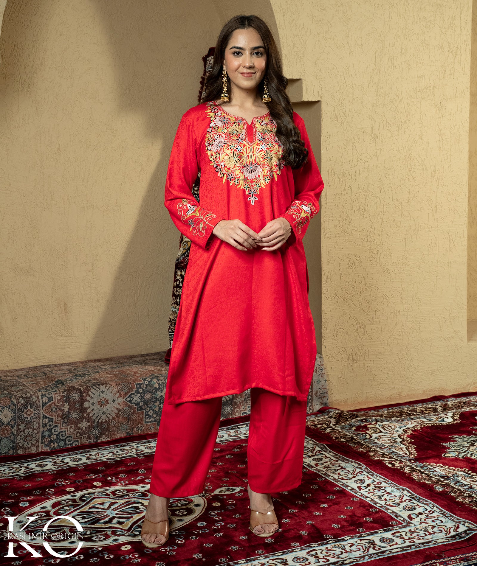 Red Aari Embroidered Woolen Suit With Shawl