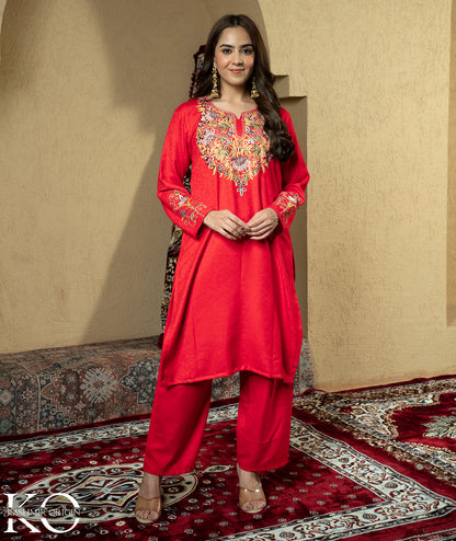 Red Aari Embroidered Woolen Suit With Shawl