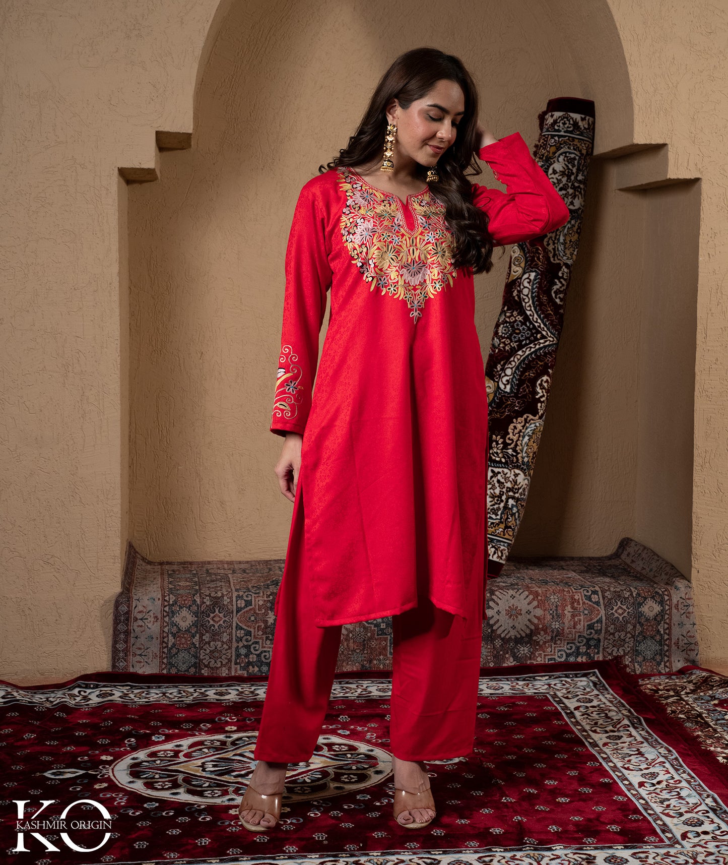 Red Aari Embroidered Woolen Suit With Shawl