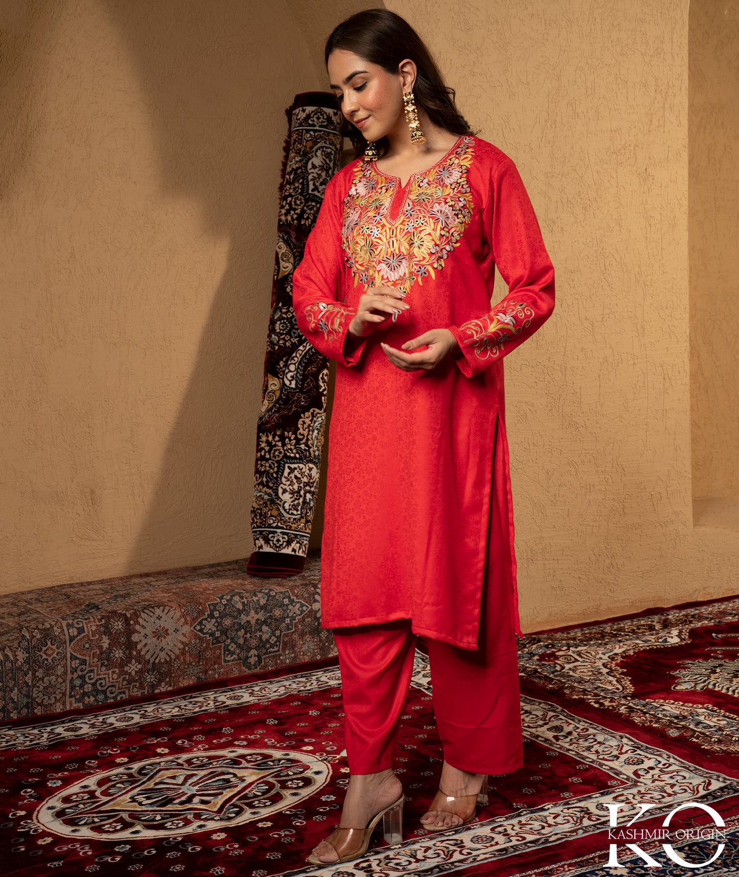 Red Aari Embroidered Woolen Suit With Shawl