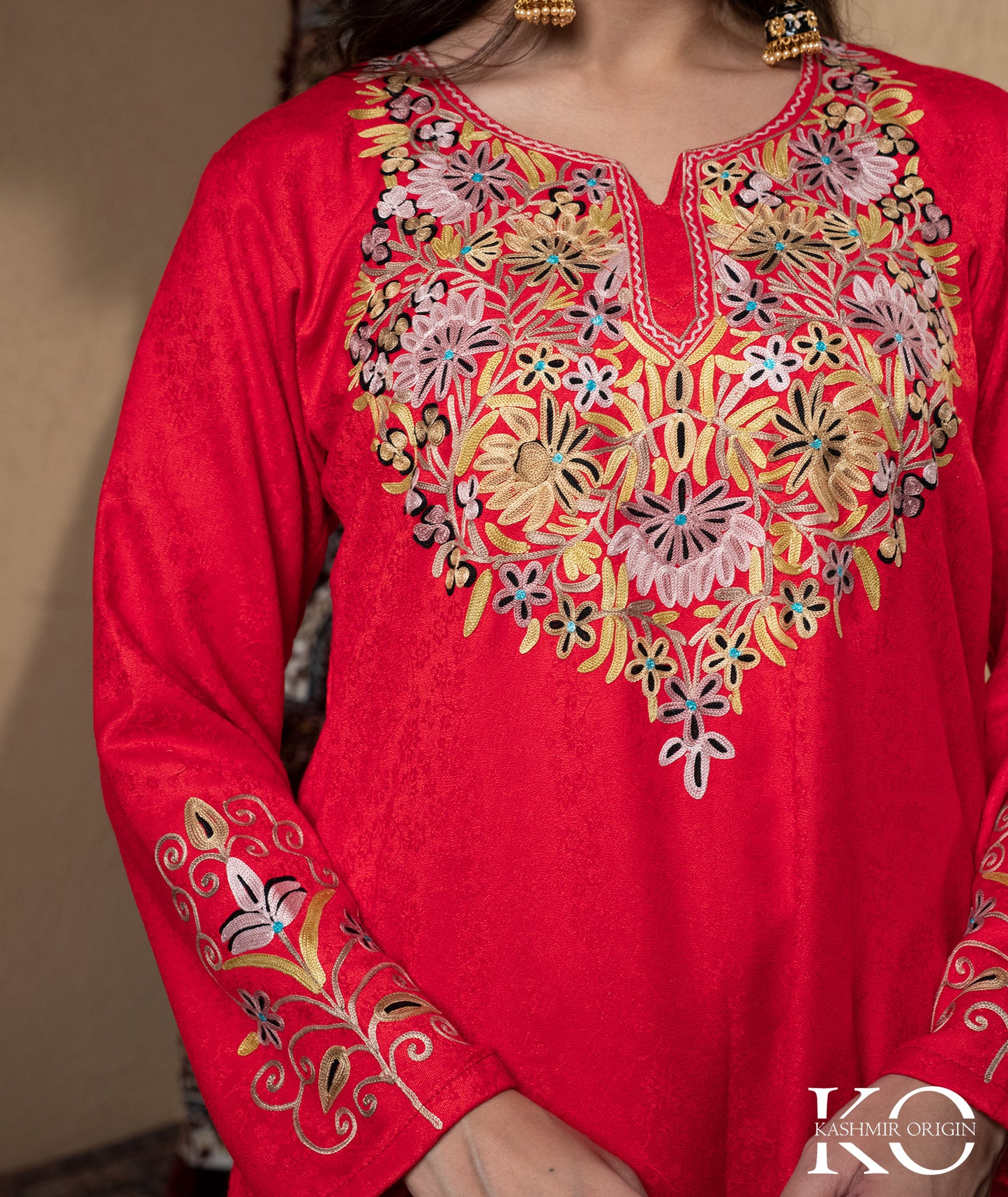 Red Aari Embroidered Woolen Suit With Shawl