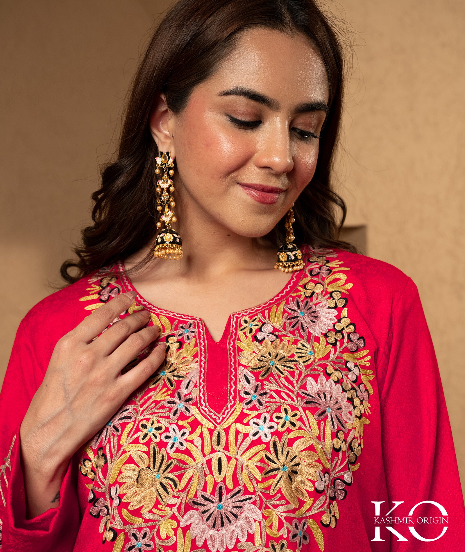 Red Aari Embroidered Woolen Suit With Shawl