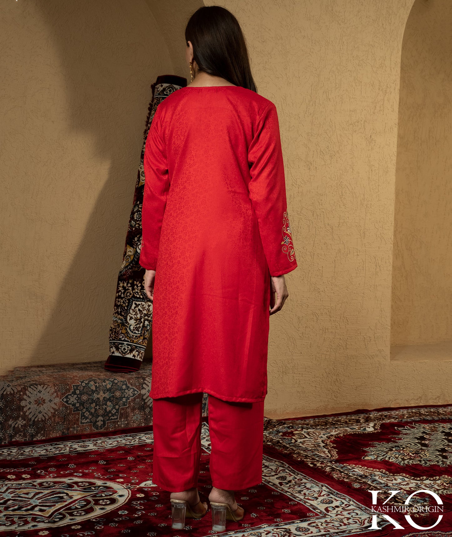 Red Aari Embroidered Woolen Suit With Shawl