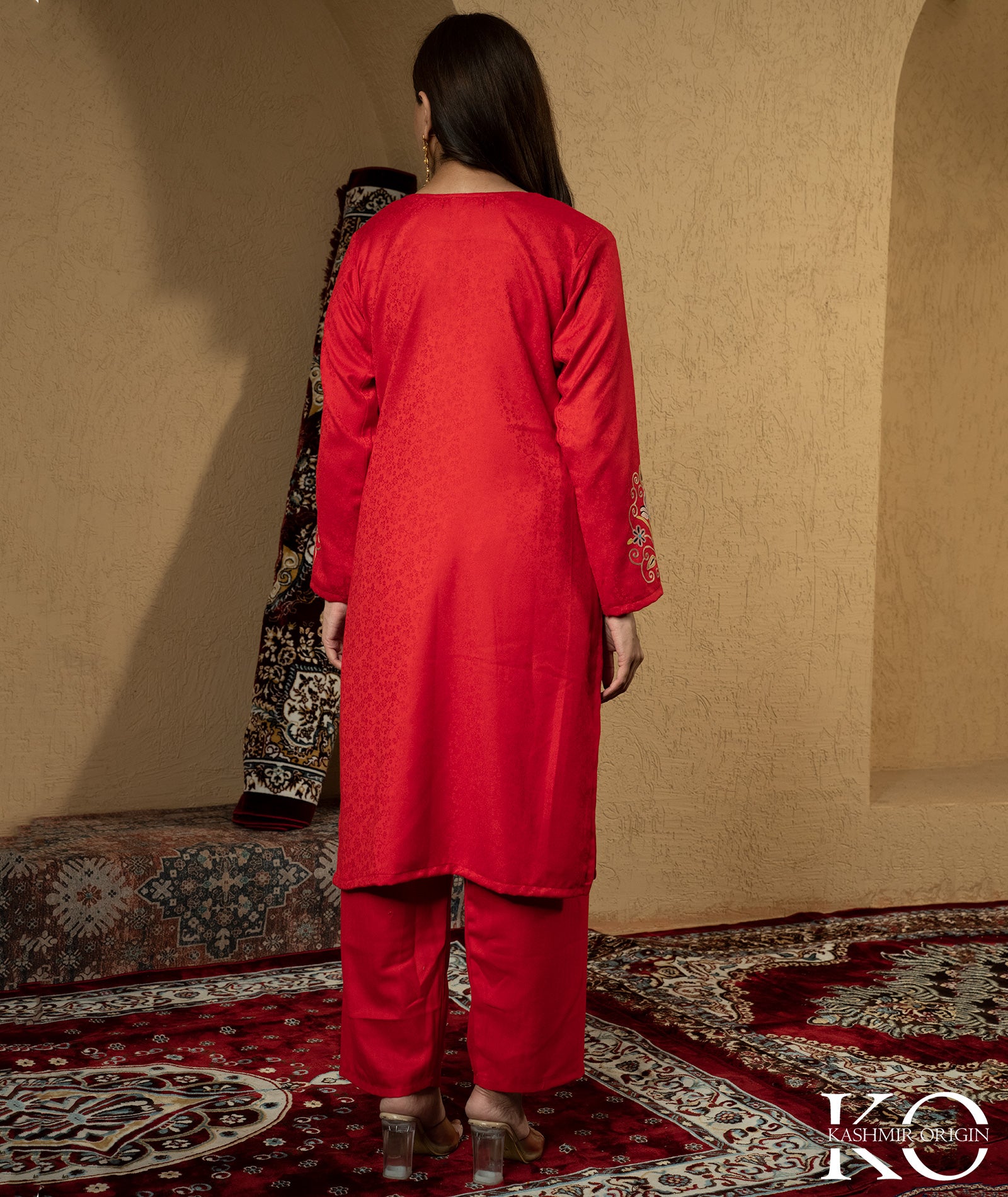 Red Aari Embroidered Woolen Suit With Shawl