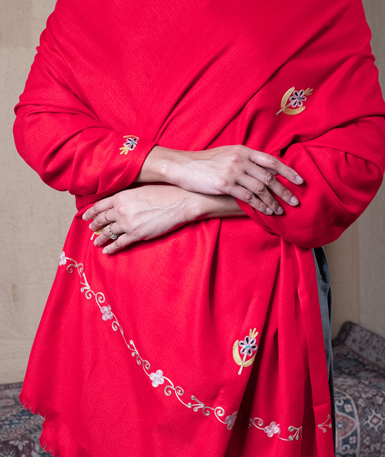 Red Aari Embroidered Woolen Suit With Shawl