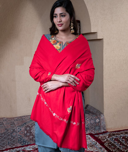 Red Aari Embroidered Woolen Suit With Shawl