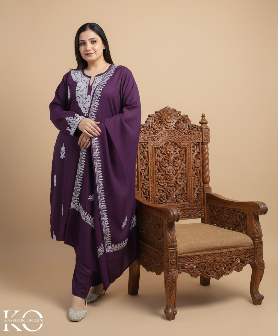 Purple Aari Embroidered Woolen Co ord Set With Shawl