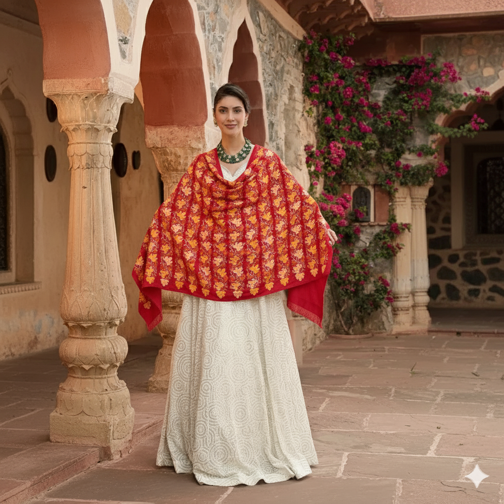 Maroon Base Chinar Design Aari Embroidered Pure Kashmiri Woolen Stole | Jamawar Stole