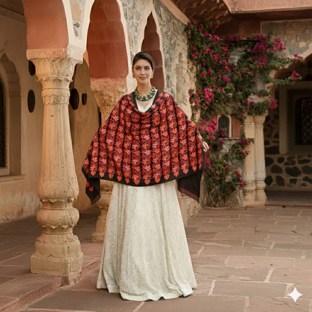 Black Base Chinar Design Aari Embroidered Pure Kashmiri Woolen Stole | Jamawar Stole